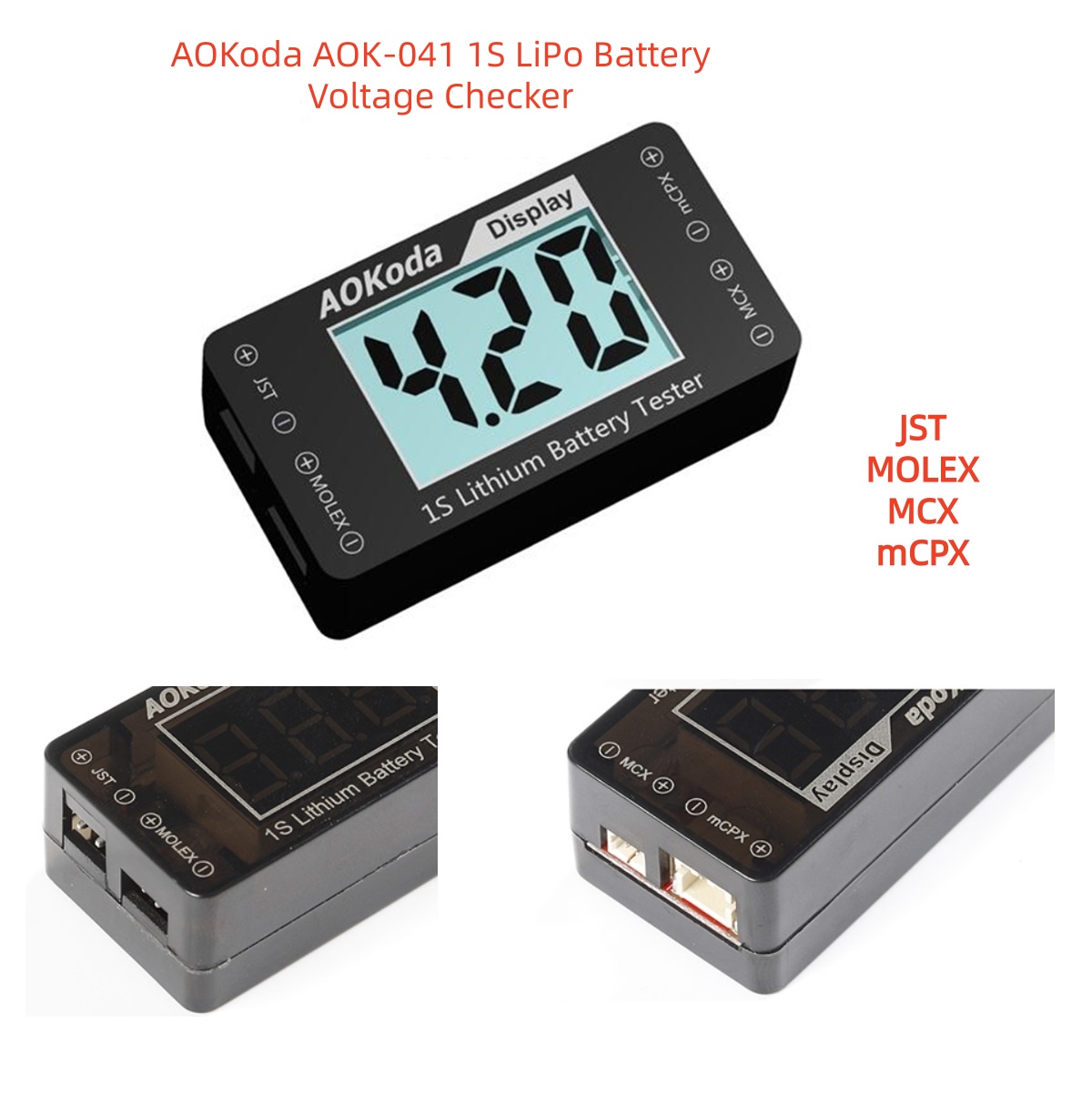 Drone Battery Voltage Checker - AOKoda AOK-041 1S LiPoバッテリー電圧チェッカーテスター（マイクロJST 1.25、JST-PH 2.0、マイクロLosi、JSTコネクタ付き）小型ドローン用